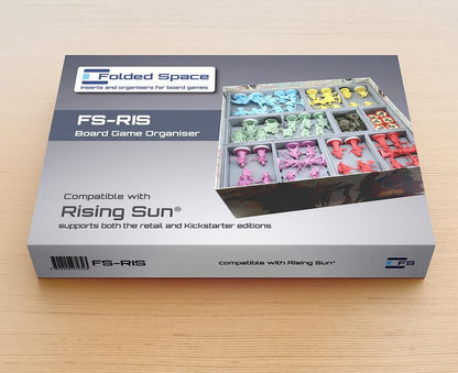 Black game insert tray holding Rising Sun game components neatly organized