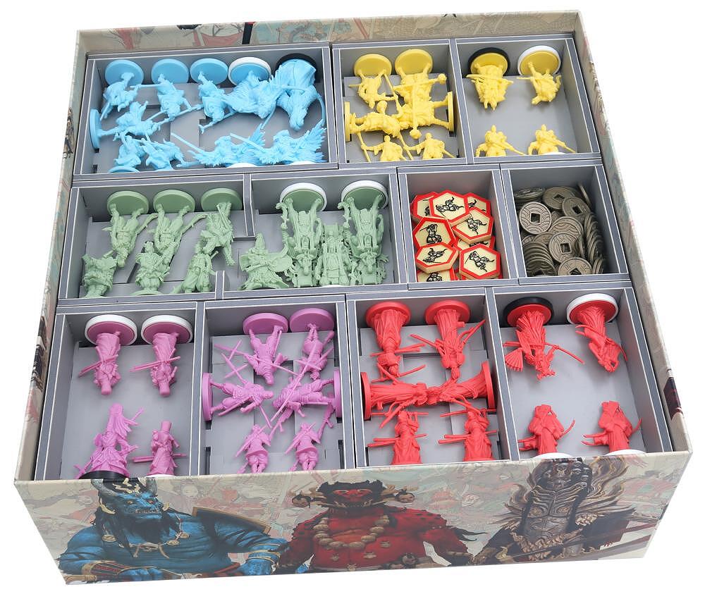 Game insert tray loaded with Rising Sun miniatures and cards, organized by type