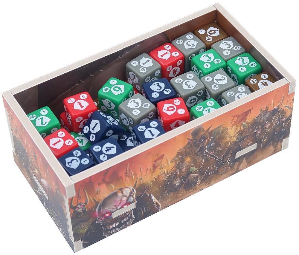 Pile of assorted dice in box with board game characters
