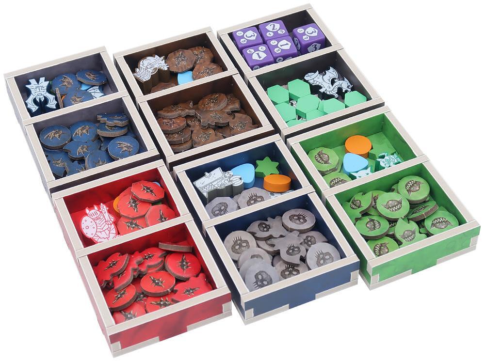 Board game organizer inserts with tokens and dice