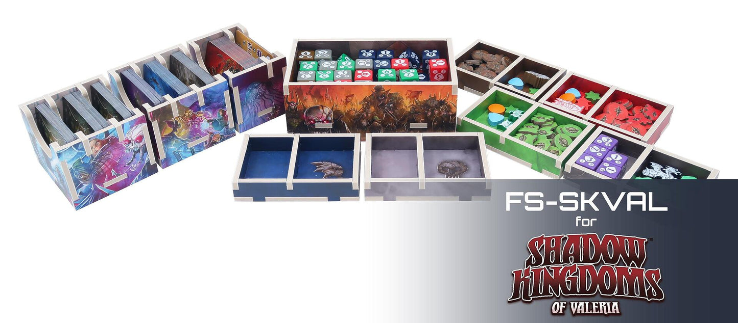 Shadow Kingdoms of Valeria board game organizer inserts with cards, dice, and tokens.