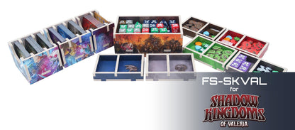 Shadow Kingdoms of Valeria board game organizer inserts with cards, dice, and tokens.