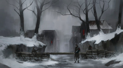 Three German soldiers stand guard in a snowy, fortified village. One aims a machine gun, another stands with a rifle, smoking