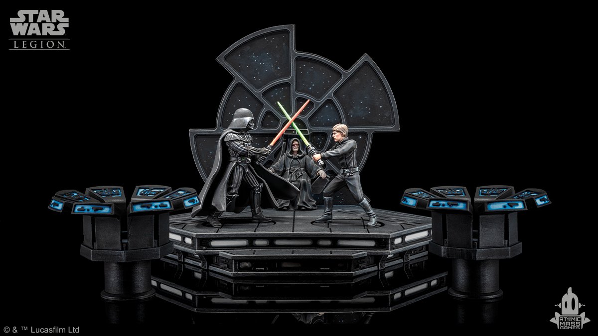 Star Wars Legion miniatures: Vader and Luke lightsaber duel, Palpatine watches in the Death Star throne room