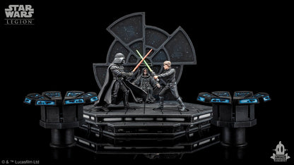 Star Wars Legion miniatures: Vader and Luke lightsaber duel, Palpatine watches in the Death Star throne room