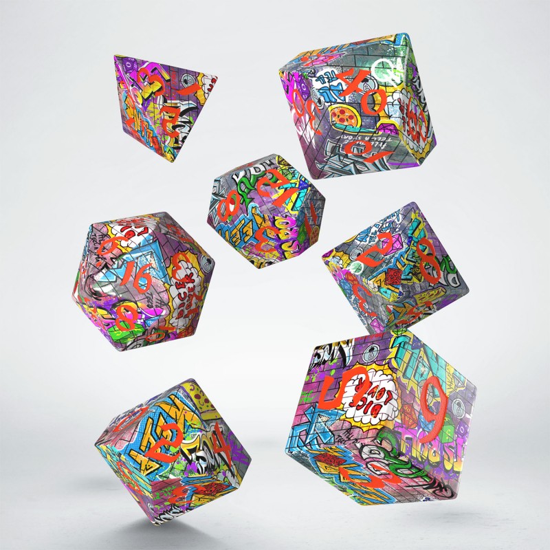 Seven vibrant, graffiti-style polyhedral dice are shown falling against a light background