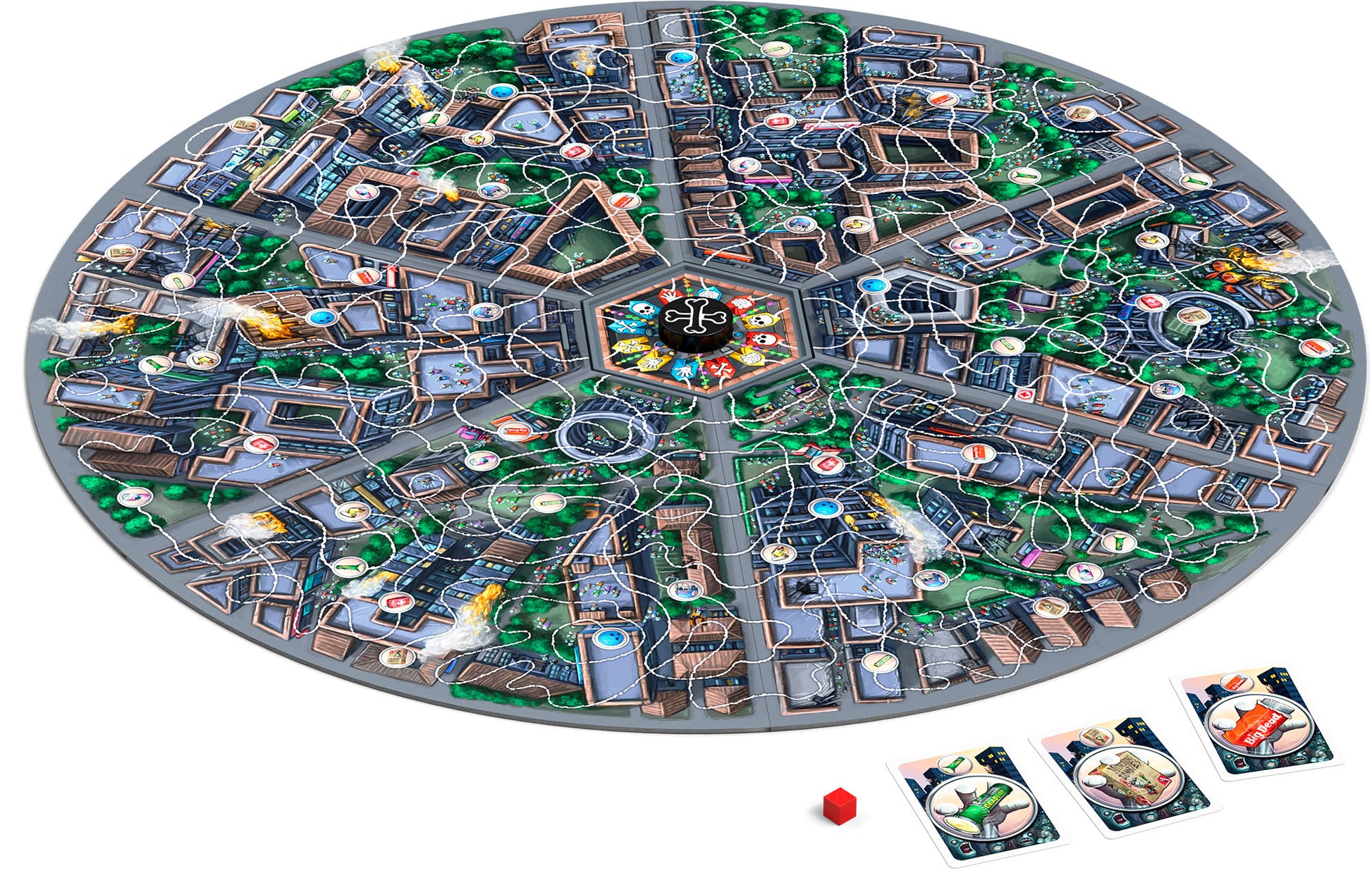 Round board game with cityscape explosions and zombies plus red die and three character cards