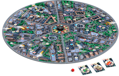 Round board game with cityscape explosions and zombies plus red die and three character cards