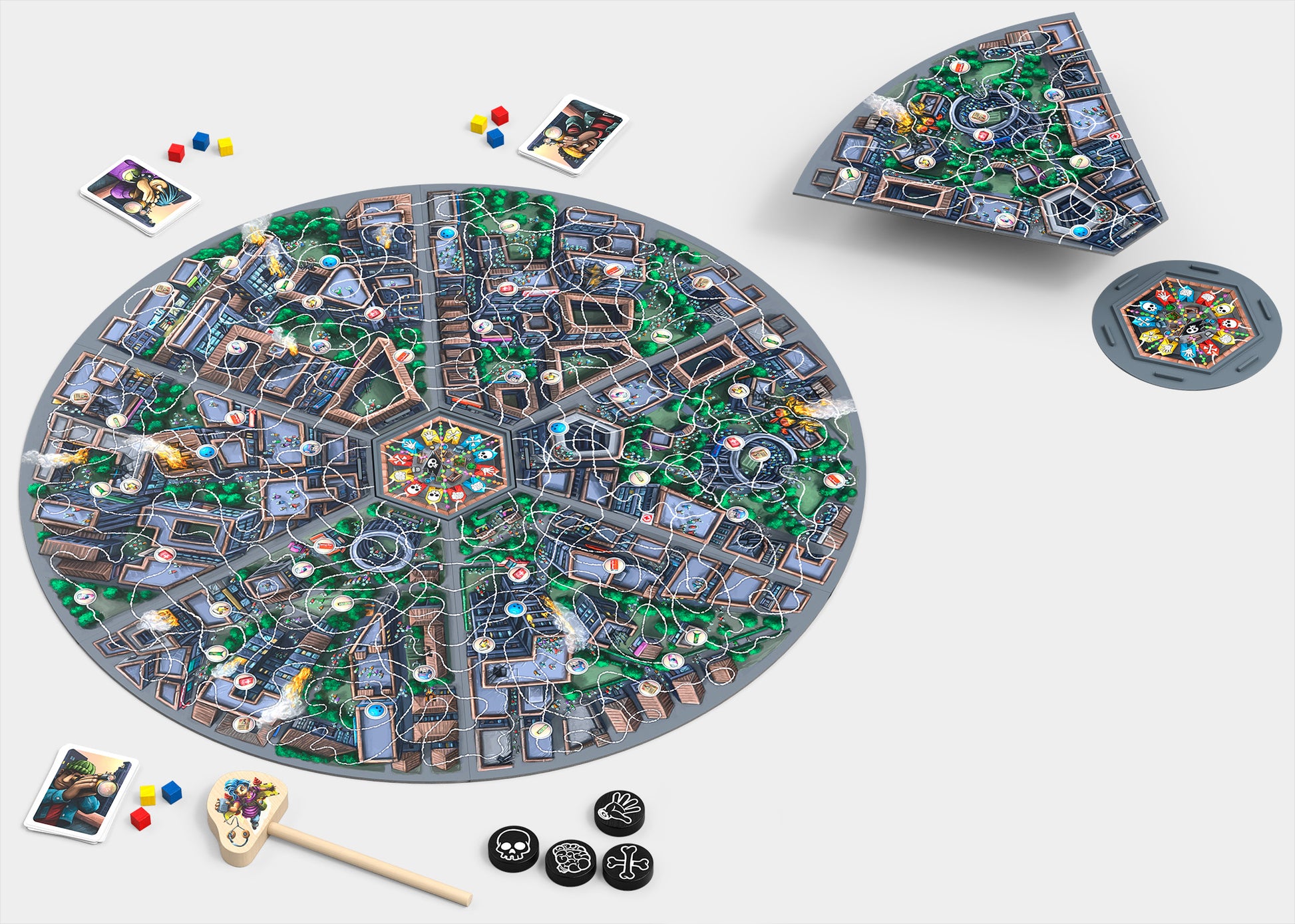 Overhead view of the board game 'Danger Park' including the large circular main board a smaller wedge-shaped board piece and tokens
