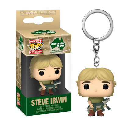 Funko Pop! Steve Irwin keychain in khakis holding a small crocodile