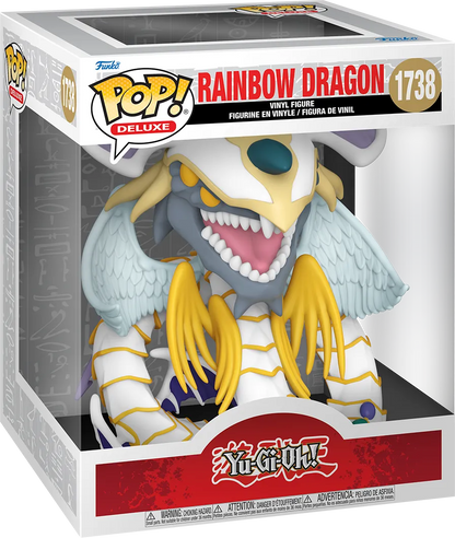 Yu-Gi-Oh! Funko Pop! Deluxe Rainbow Dragon 1738 figure, white and gold winged dragon in display box
