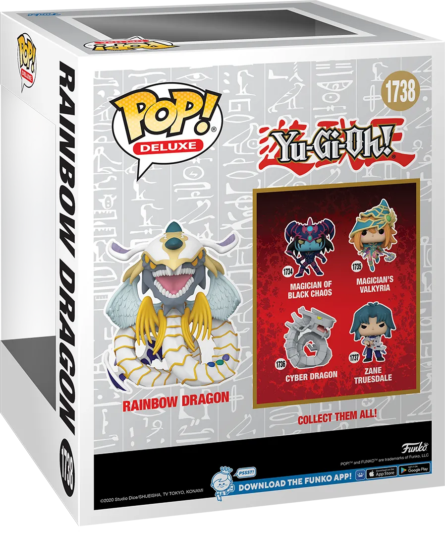 Yu-Gi-Oh! Funko Pop! Deluxe Rainbow Dragon 1738 box packaging, white box with Hieroglyphic pattern showing figure art and checklist (Cyber Dragon, Zane)