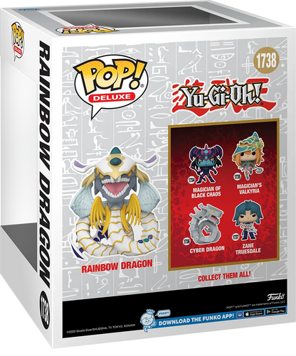 Yu-Gi-Oh! Funko Pop! Deluxe Rainbow Dragon 1738 box packaging, white box with Hieroglyphic pattern showing figure art and checklist (Cyber Dragon, Zane)
