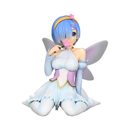 Light blue anime figure of a female fairy with wings holding a pink flower while kneeling