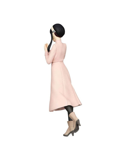 Anime figure of Yor Forger from Spy x Family in her pink civilian outfit and boots seen from the back