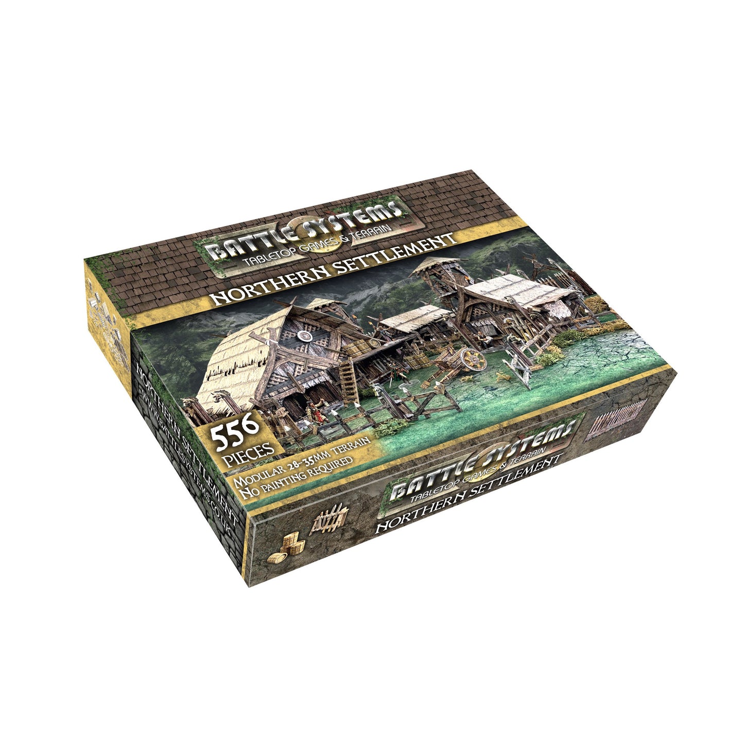 Retail box for Battle Systems 'Northern Settlement' tabletop terrain, showing detailed modular rustic wooden buildings.