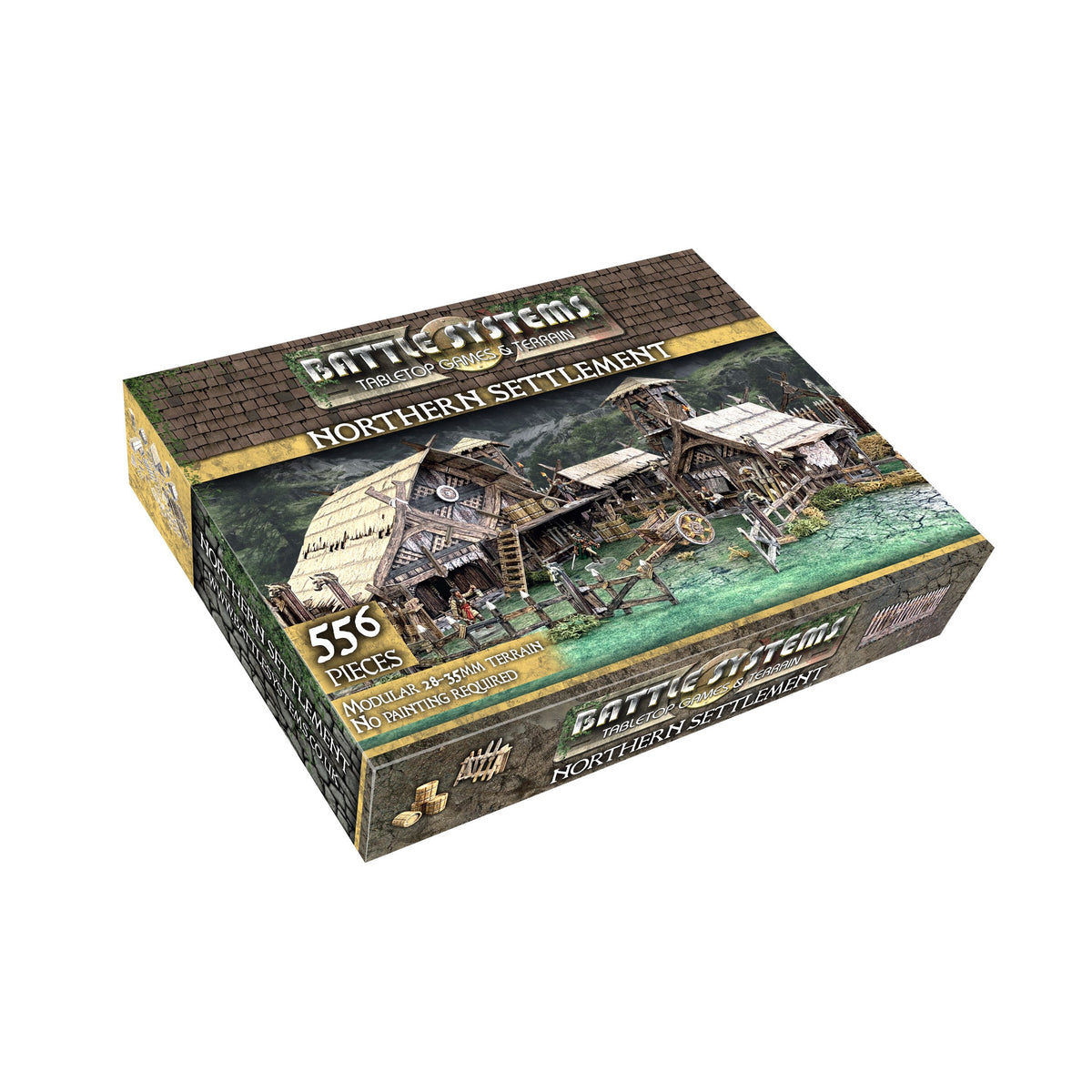 Retail box for Battle Systems &#39;Northern Settlement&#39; tabletop terrain, showing detailed modular rustic wooden buildings.
