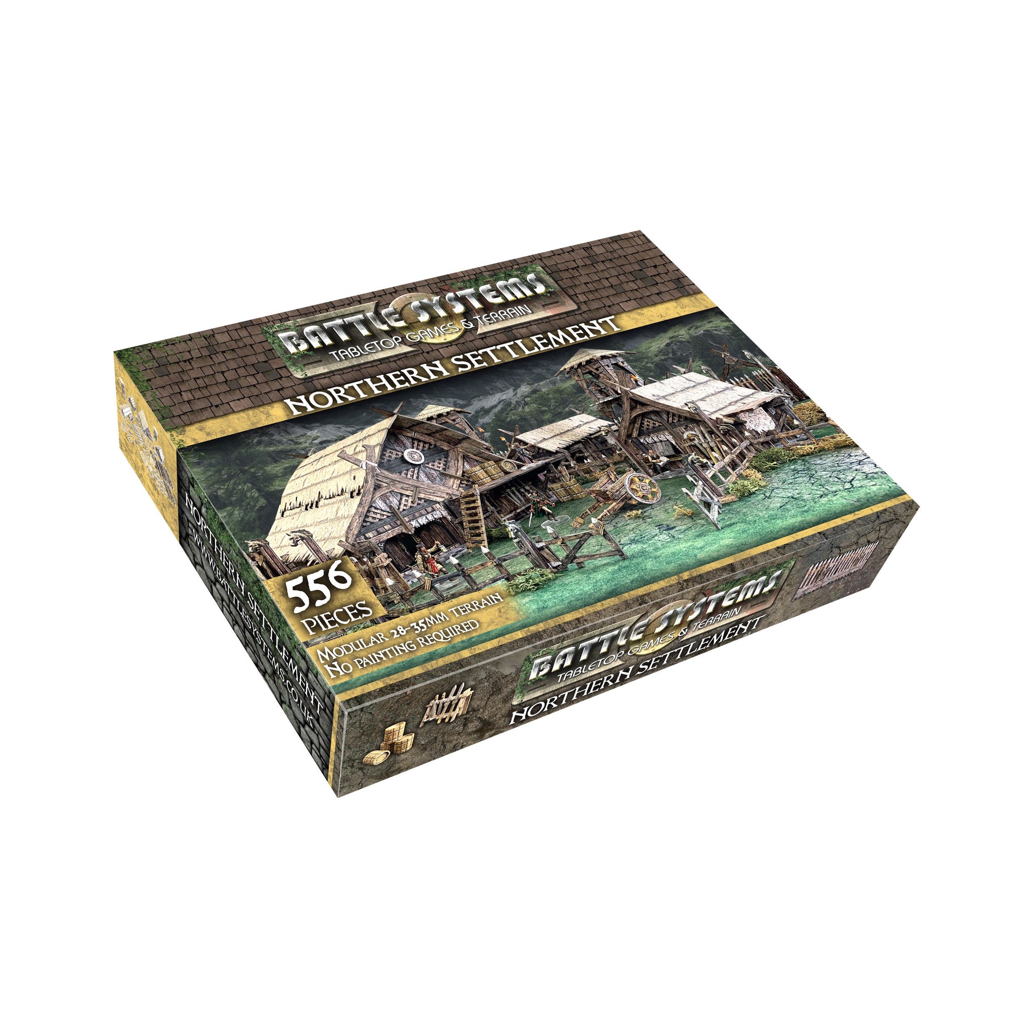 Retail box for Battle Systems 'Northern Settlement' tabletop terrain, showing detailed modular rustic wooden buildings.