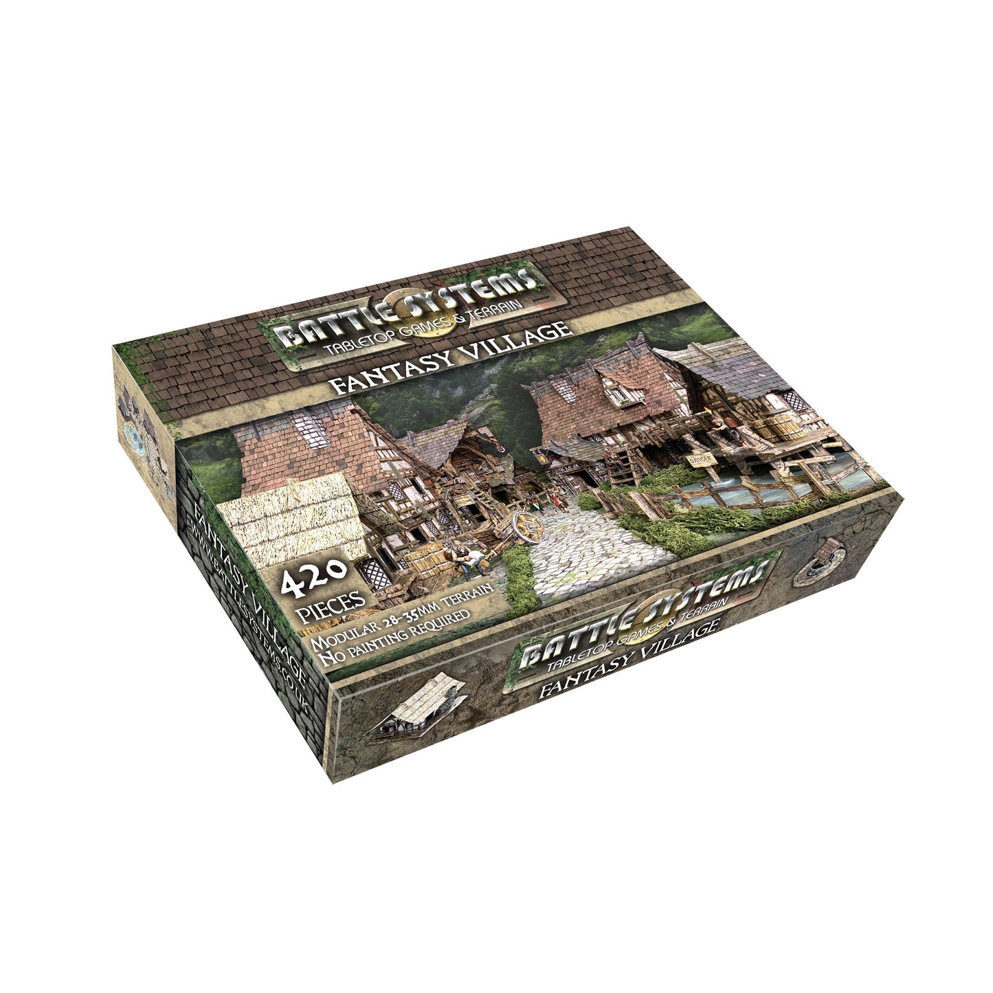 Battle Systems Fantasy Village tabletop terrain box, displaying a detailed miniature village scene with multiple buildings.
