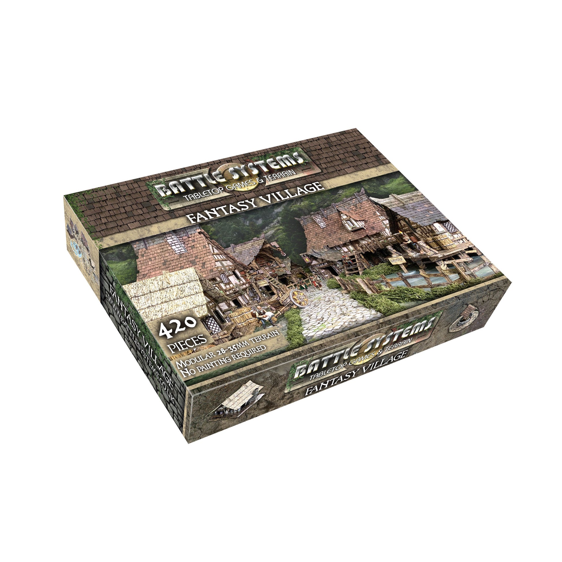 Battle Systems Fantasy Village tabletop terrain box, displaying a detailed miniature village scene with multiple buildings.