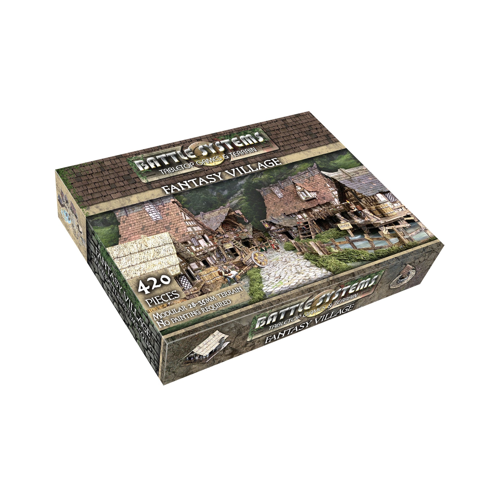 Battle Systems Fantasy Village tabletop terrain box, displaying a detailed miniature village scene with multiple buildings.