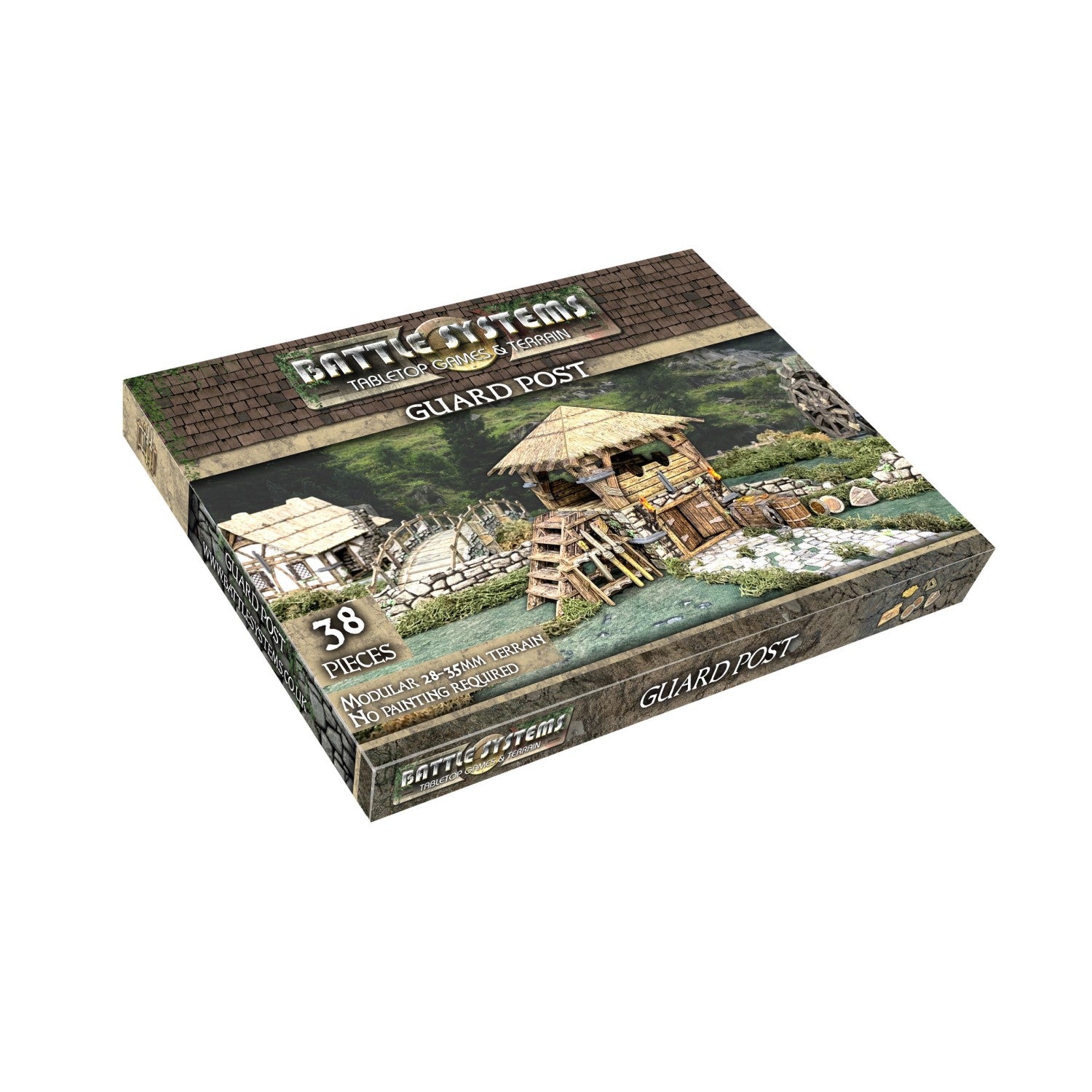 Battle Systems Guard Post tabletop terrain set box featuring a miniature hut, bridge, and river scene on the cover.
