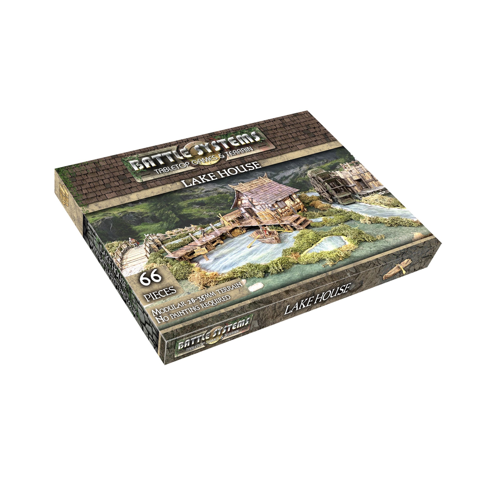 Battle Systems 'Lake House' modular tabletop terrain box, featuring a detailed miniature house built over a river.