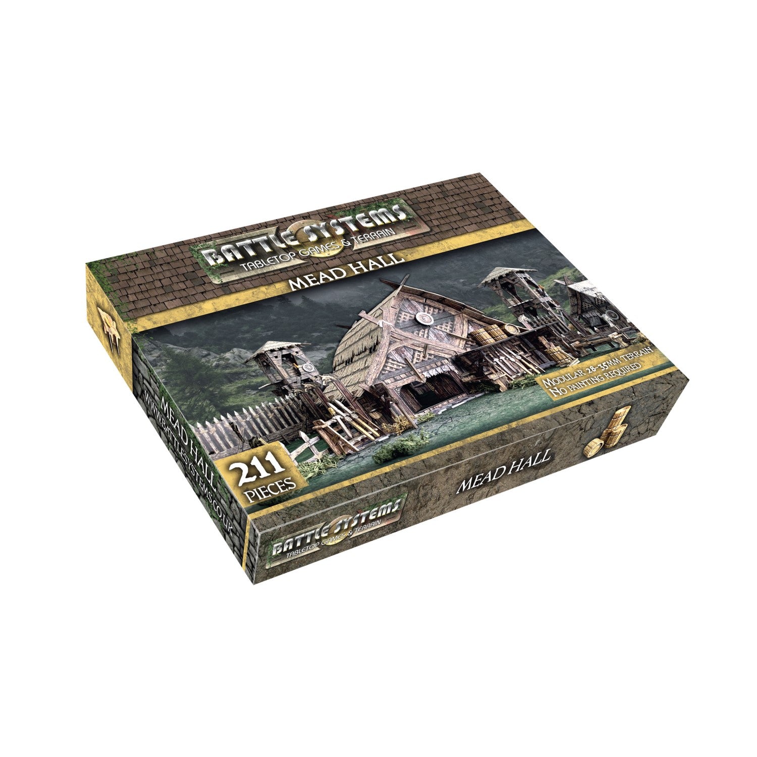 Box for Battle Systems 'Mead Hall' tabletop terrain, featuring a detailed fantasy building. 211 pieces.
