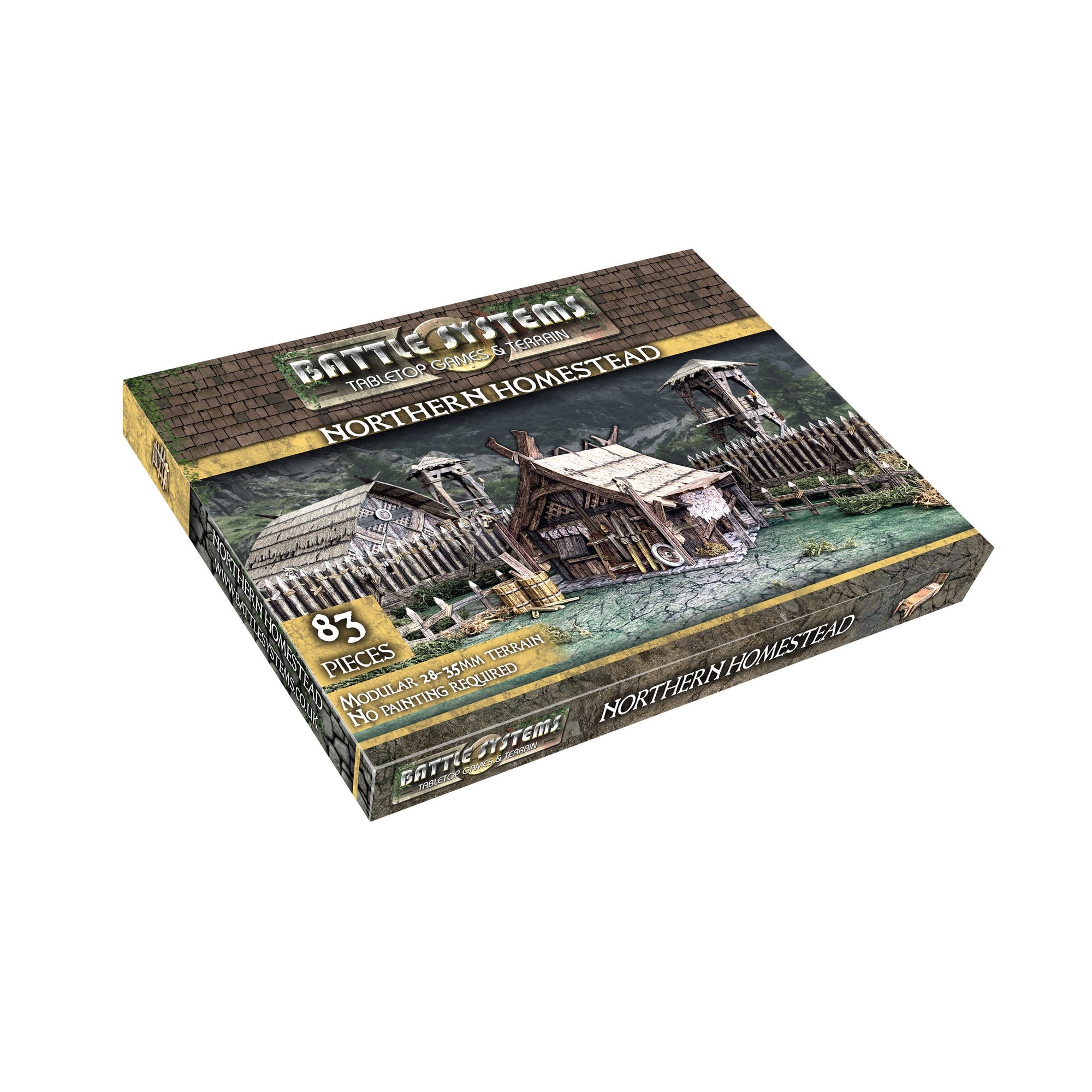 Battle Systems 'Northern Homestead' terrain box featuring modular wooden buildings, fences, and watchtowers.