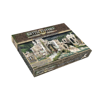 Retail box for Battle Systems "Ruined Monastery" tabletop terrain, featuring detailed stone ruins with miniatures.