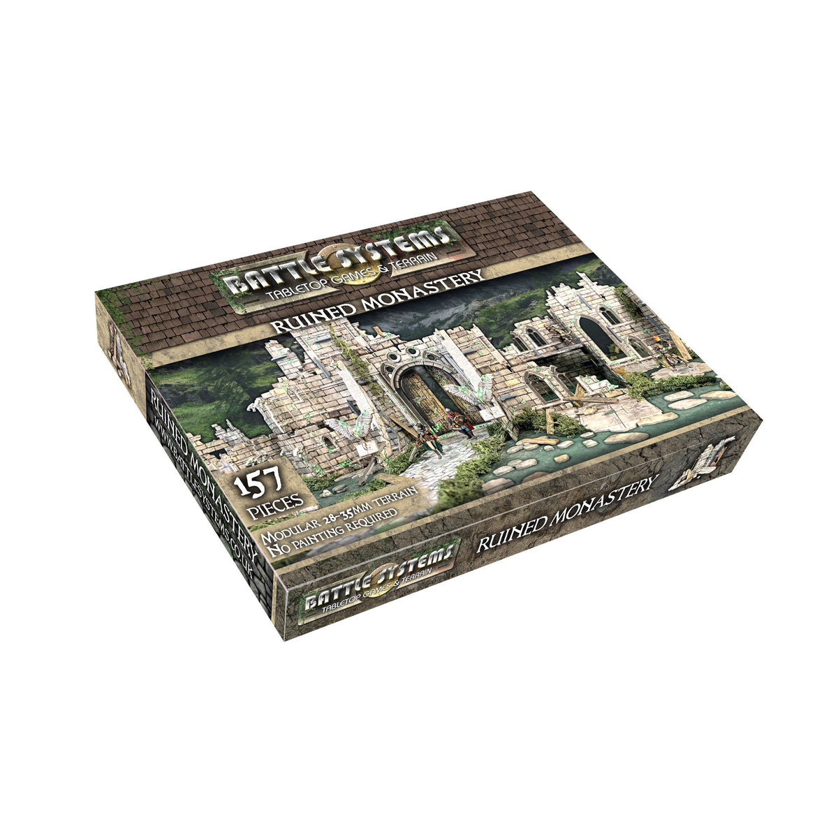 Retail box for Battle Systems &quot;Ruined Monastery&quot; tabletop terrain, featuring detailed stone ruins with miniatures.