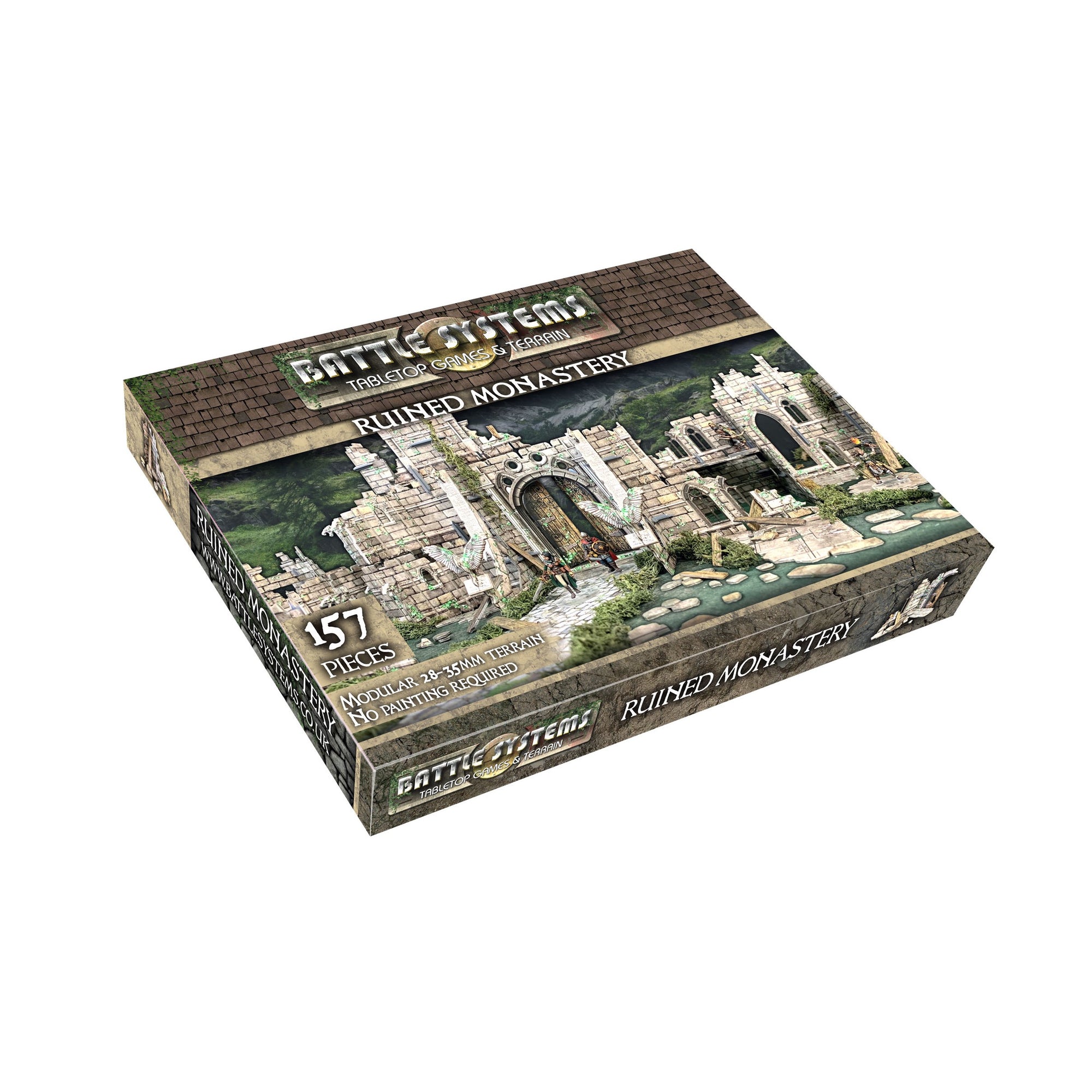 Retail box for Battle Systems "Ruined Monastery" tabletop terrain, featuring detailed stone ruins with miniatures.