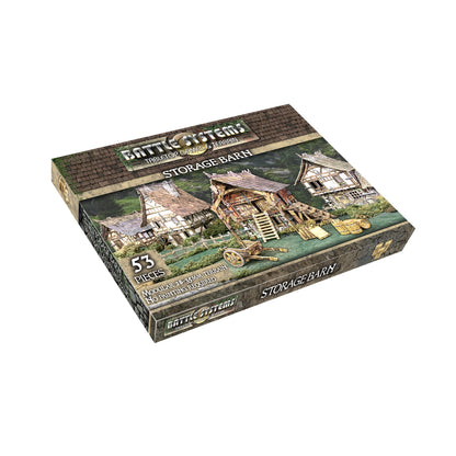 Battle Systems "Storage Barn" modular terrain box, showing three detailed miniature medieval buildings for tabletop games.