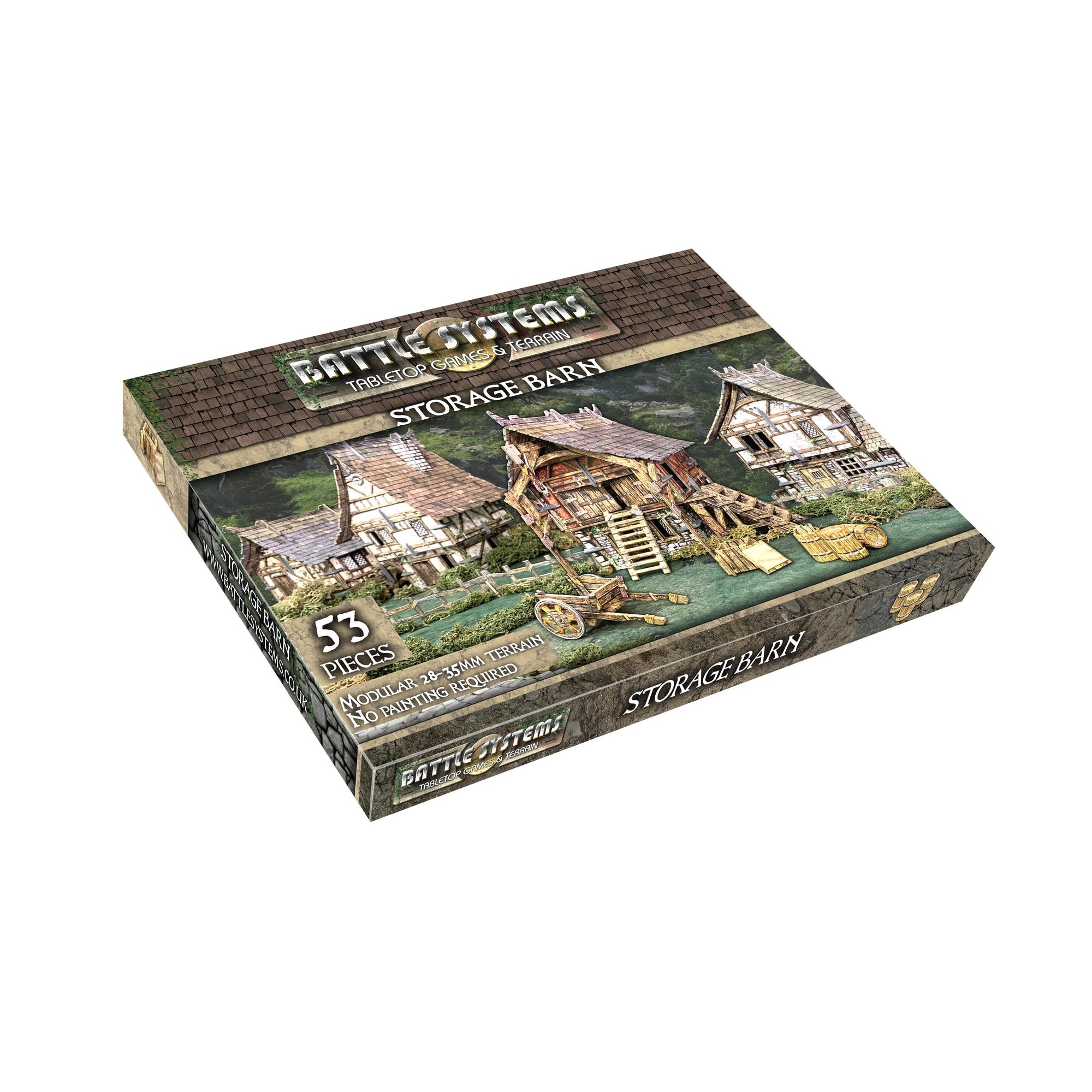 Battle Systems "Storage Barn" modular terrain box, showing three detailed miniature medieval buildings for tabletop games.
