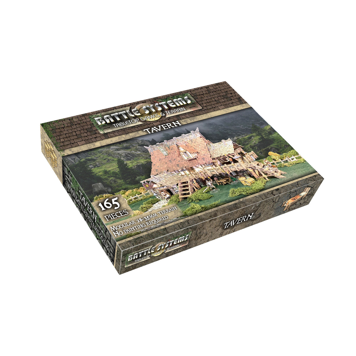 Angled box for &quot;Battle Systems TAVERN&quot; tabletop terrain kit, showing a detailed modular medieval tavern model with figures.