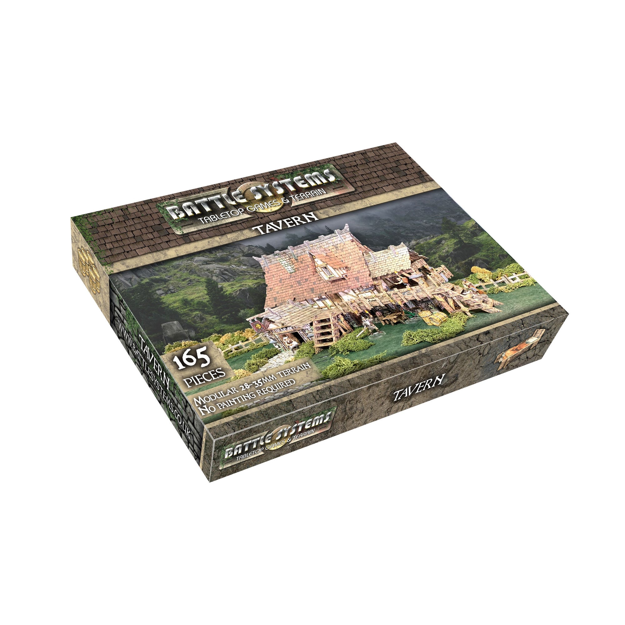 Angled box for "Battle Systems TAVERN" tabletop terrain kit, showing a detailed modular medieval tavern model with figures.
