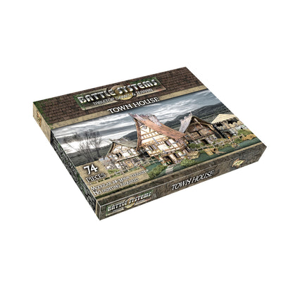Battle Systems Town House tabletop terrain box featuring detailed modular medieval buildings against a scenic background.