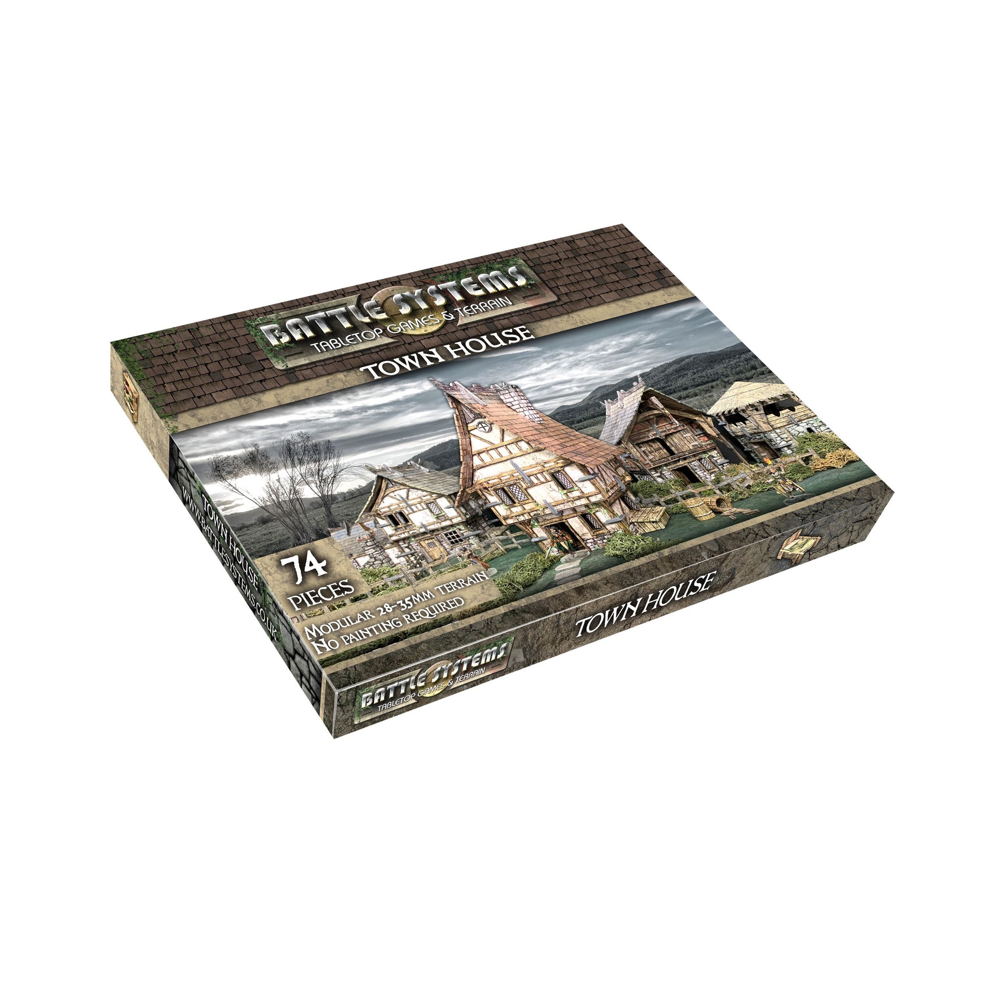 Battle Systems Town House tabletop terrain box featuring detailed modular medieval buildings against a scenic background.