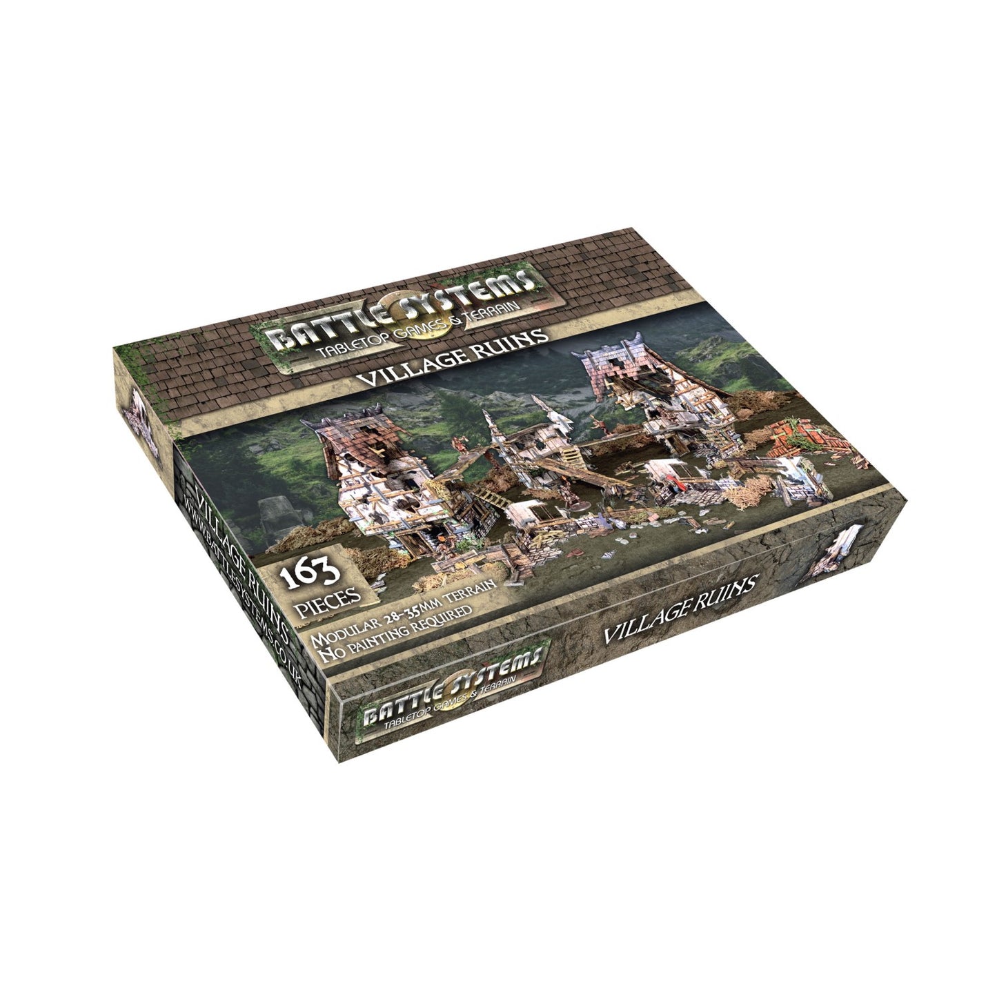 Battle Systems 'Village Ruins' tabletop terrain box with modular ruined buildings pictured. 163 pieces.