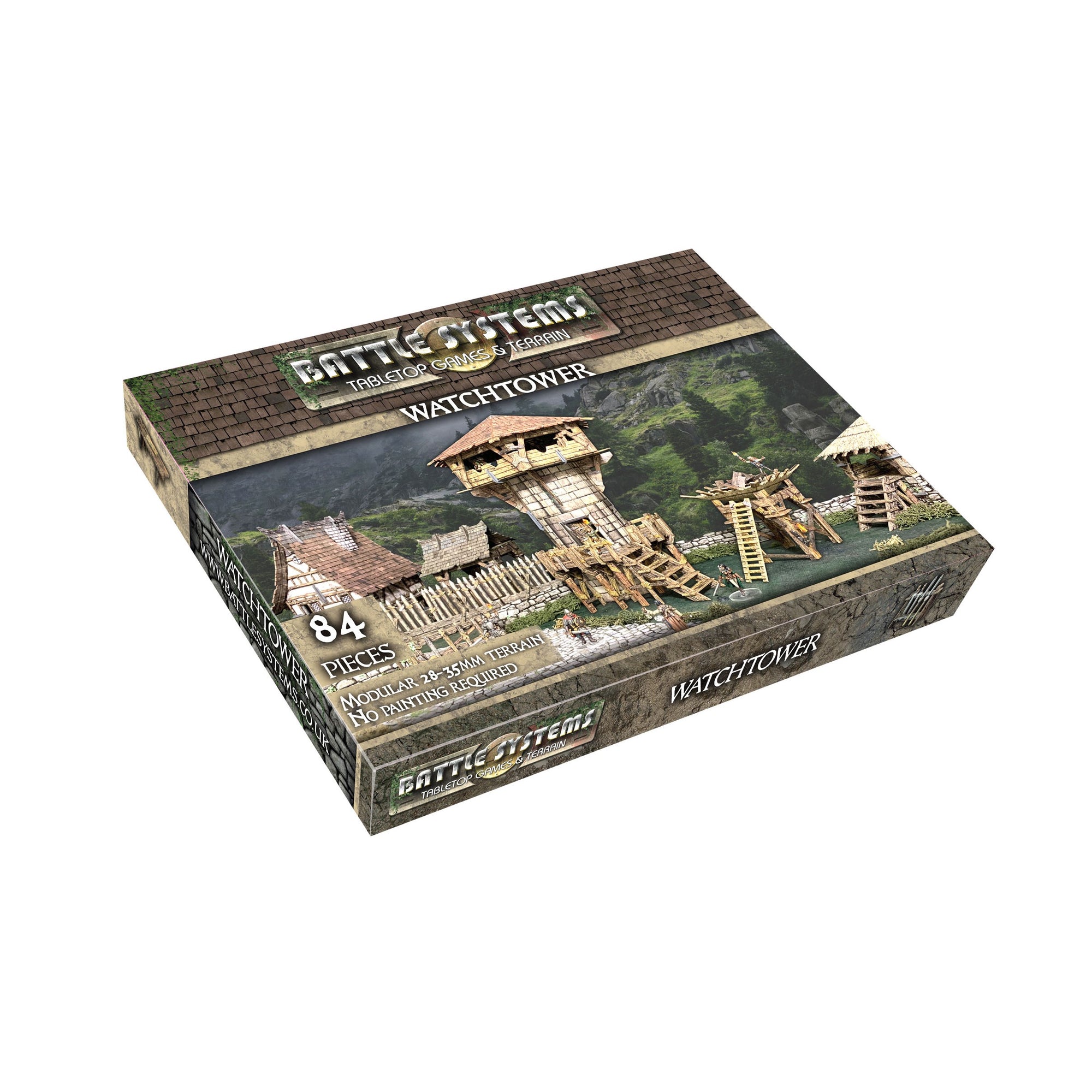 A Battle Systems Watchtower tabletop terrain box, displaying a detailed modular 28-35mm miniature watchtower and landscape.