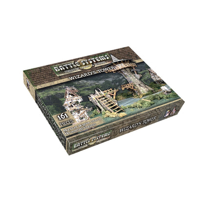 Battle Systems "Wizard's Tower" terrain box, showing a ruined stone tower, bridge, and stream