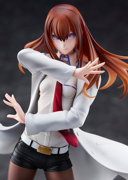 Anime-style figure with long brown hair, white lab coat, red tie, black shorts, and hands raised in a dynamic pose