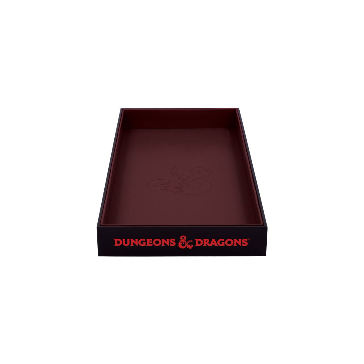 Black D&amp;D dice tray with a red interior. &quot;Dungeons &amp; Dragons&quot; logo on front, subtle dragon ampersand embossed inside