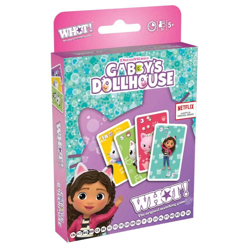 Pink &amp; teal &quot;Gabby&#39;s Dollhouse WHOT!&quot; card game box, showing Gabby and character game cards