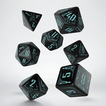 Seven polyhedral dice with teal sci-fi numbers and glyphs floating dynamically on a light background