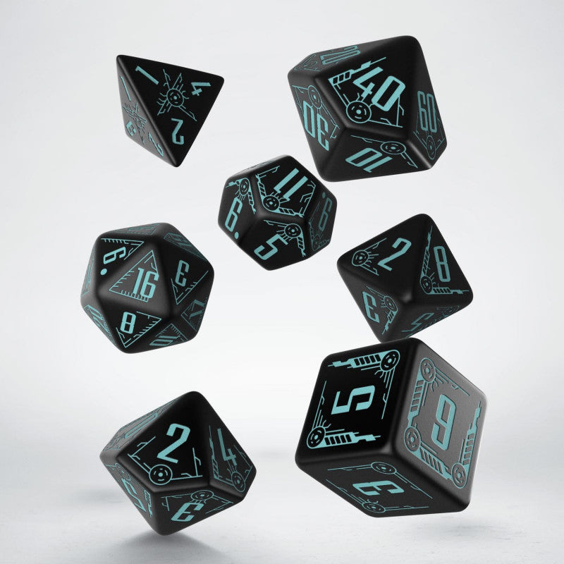 Seven polyhedral dice with teal sci-fi numbers and glyphs floating dynamically on a light background
