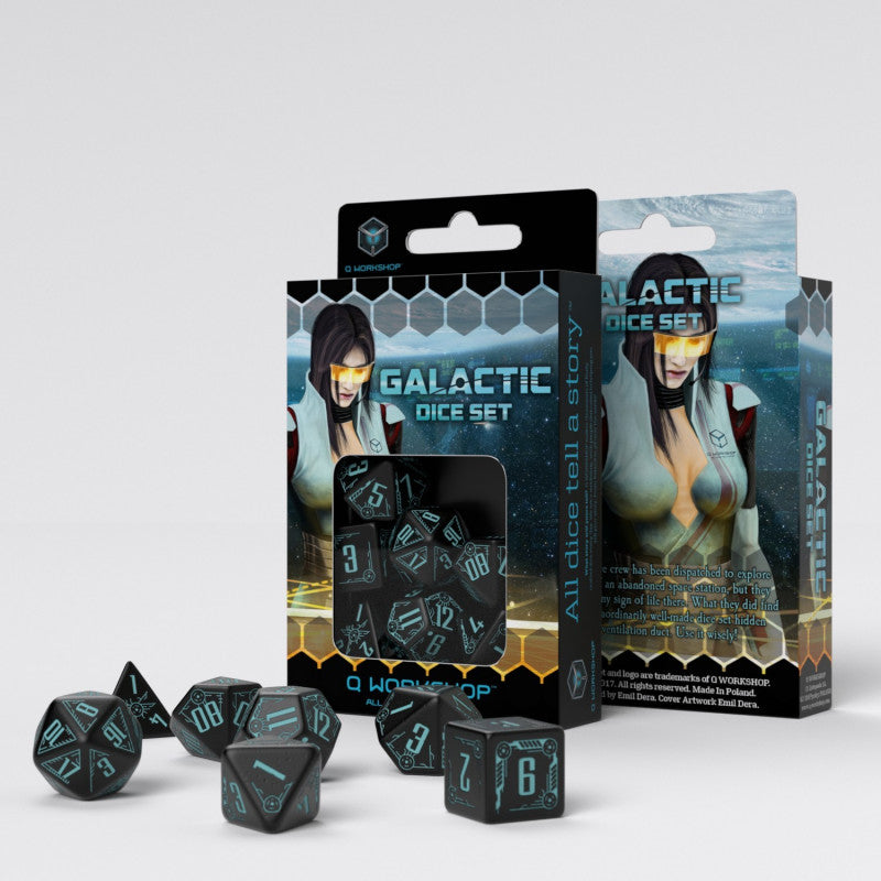 Dark polyhedral dice with glowing blue numbers from a &#39;Galactic Dice Set,&#39; arranged around their sci-fi themed box