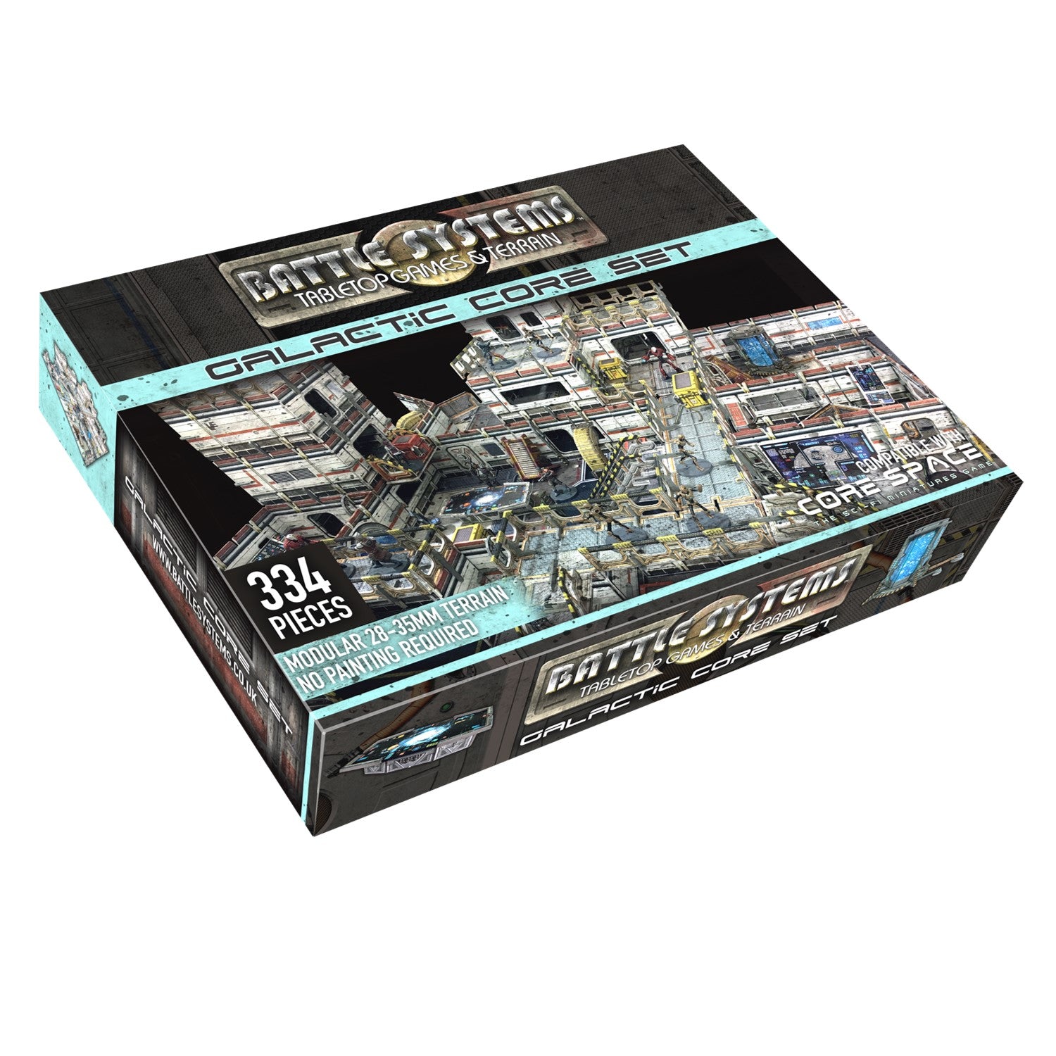 Battle Systems Galactic Core Set box, displaying a 334-piece modular sci-fi cityscape terrain for tabletop games with miniatures.