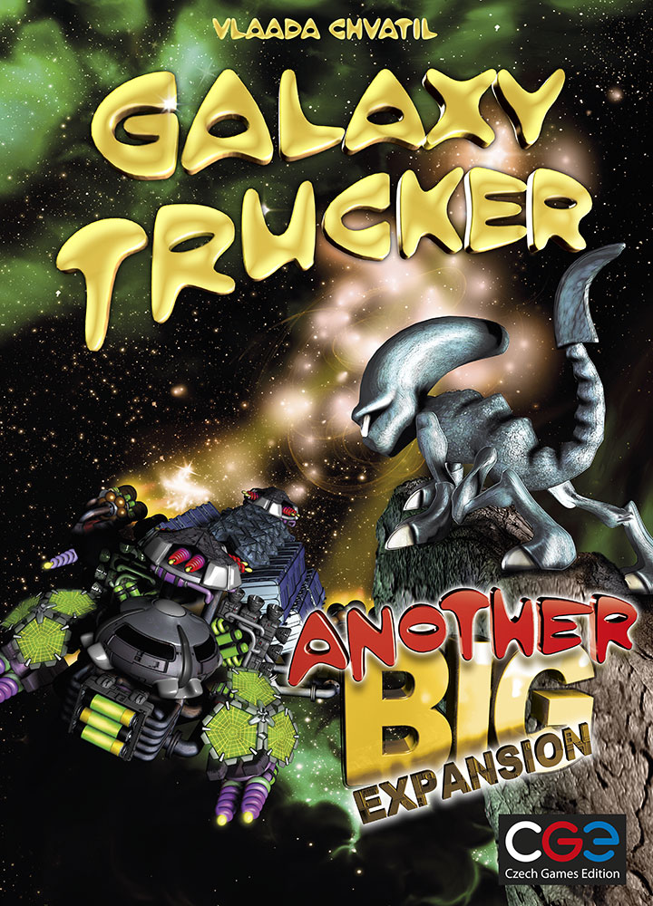 Galaxy Trucker: Another Big Expansion cover, a cobbled-together spaceship flies near a menacing alien holding a blade in space