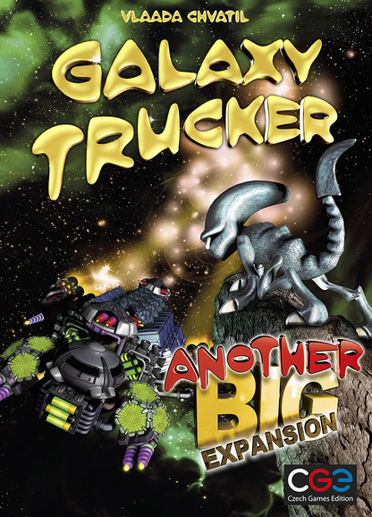 Galaxy Trucker: Another Big Expansion cover, a cobbled-together spaceship flies near a menacing alien holding a blade in space